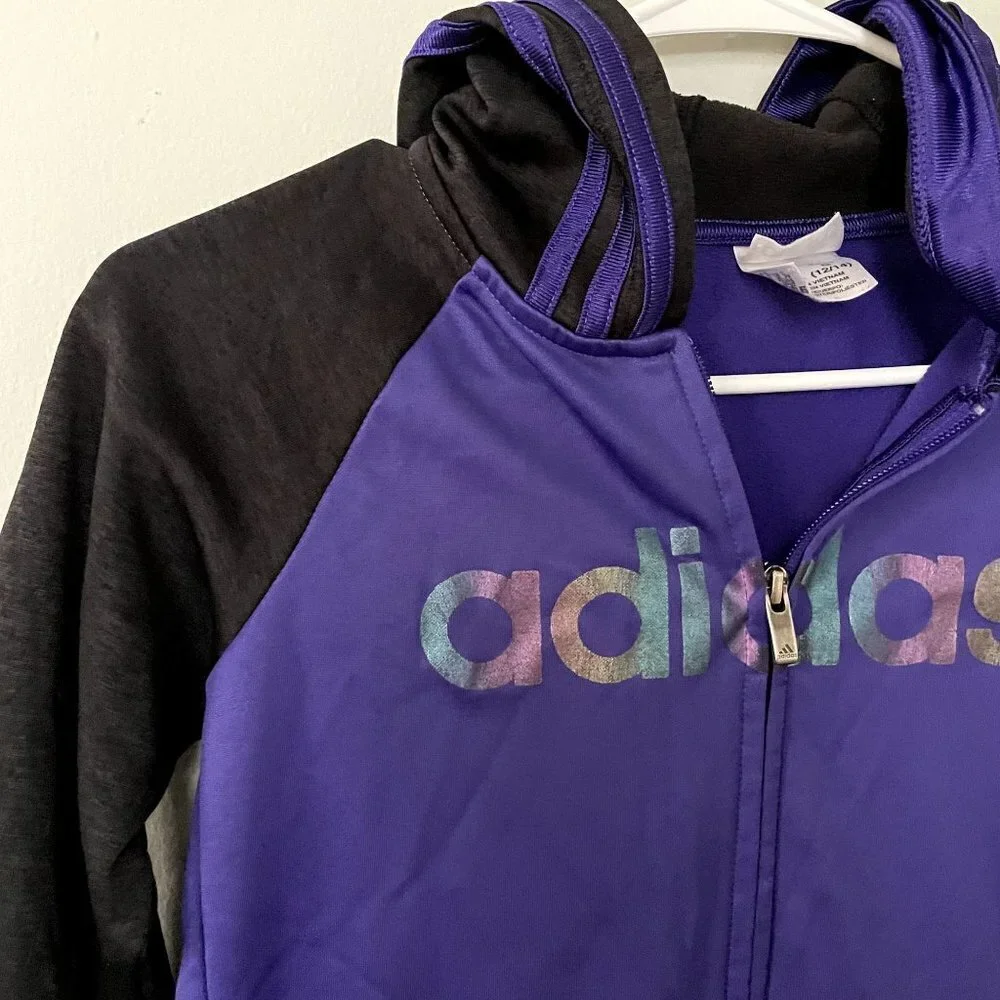 Adidas kids purple black full zip hooded sweater sweatshirt comfortable‎ workout
